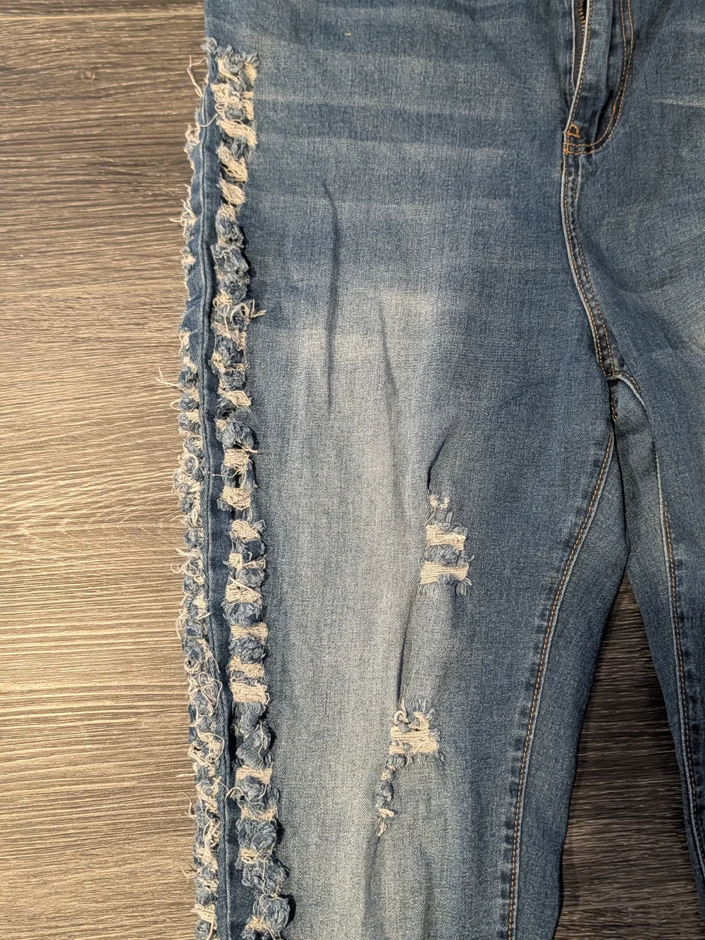 Fashion Nova Blue Ruffled Side Distressed Straight Leg Jeans